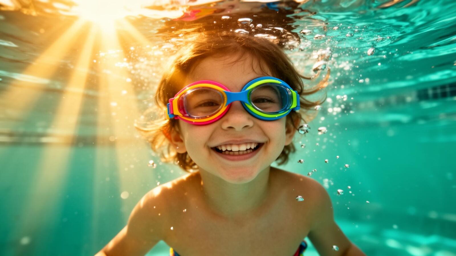 Smiling child with goggles enjoying a swim lesson