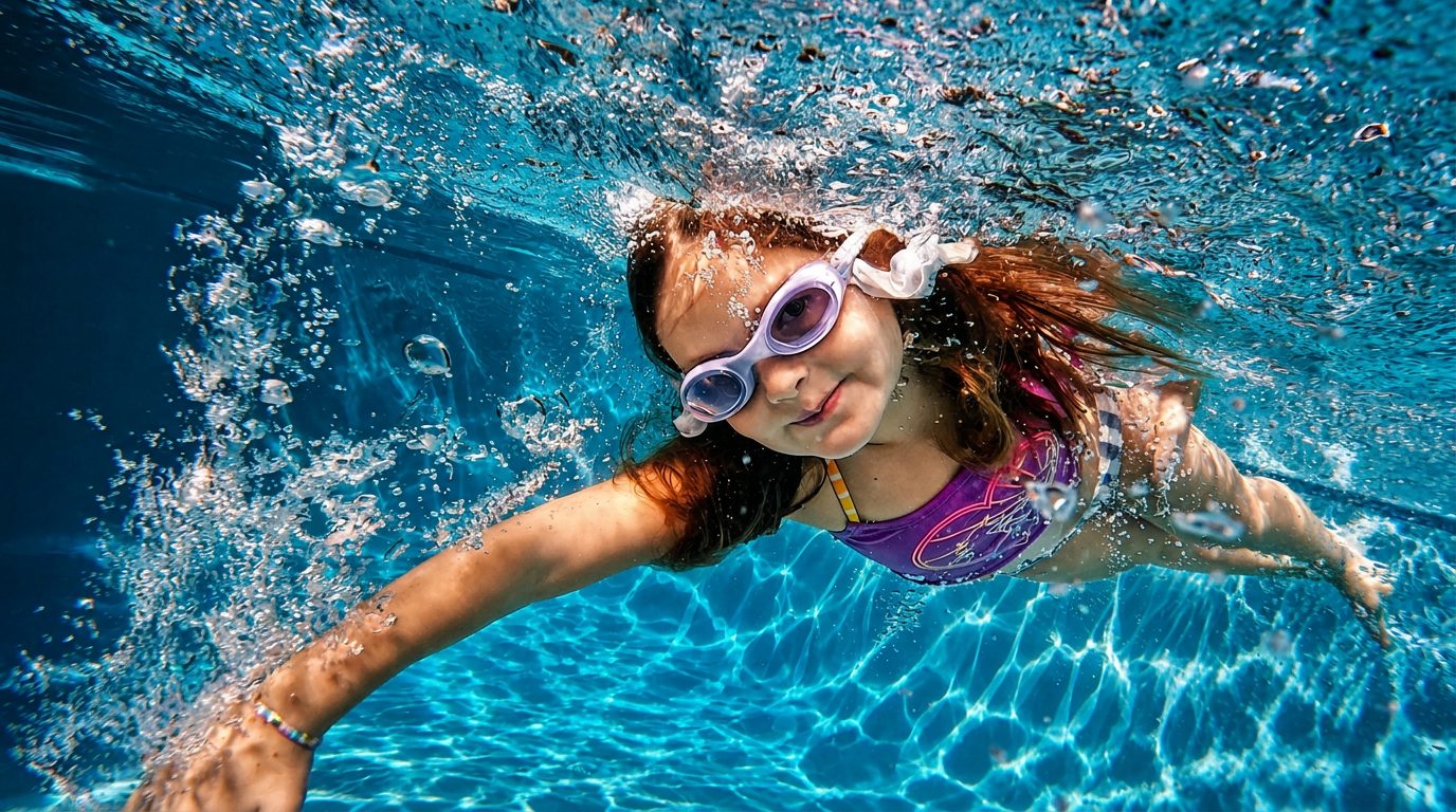 Young swimmer gliding underwater with goggles, mid-stroke